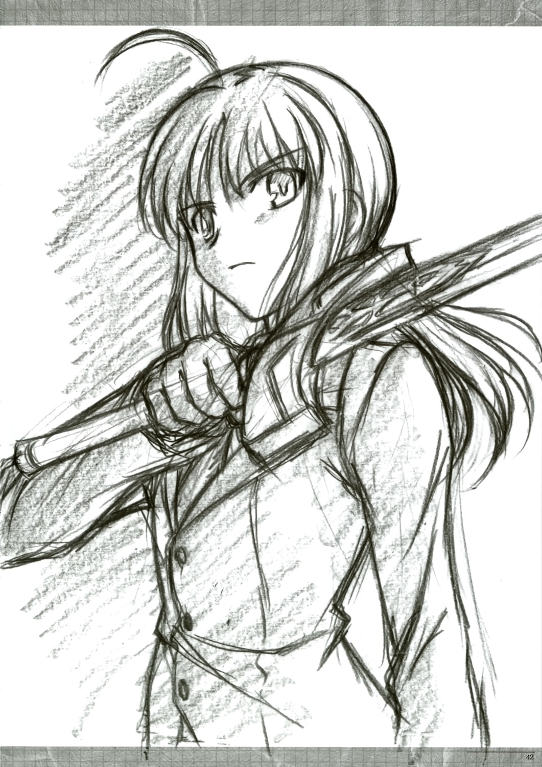 artoria_pendragon_(fate), business_suit, club40, fate/stay_night, fate/zero, ishihara_megumi, monochrome, sketch