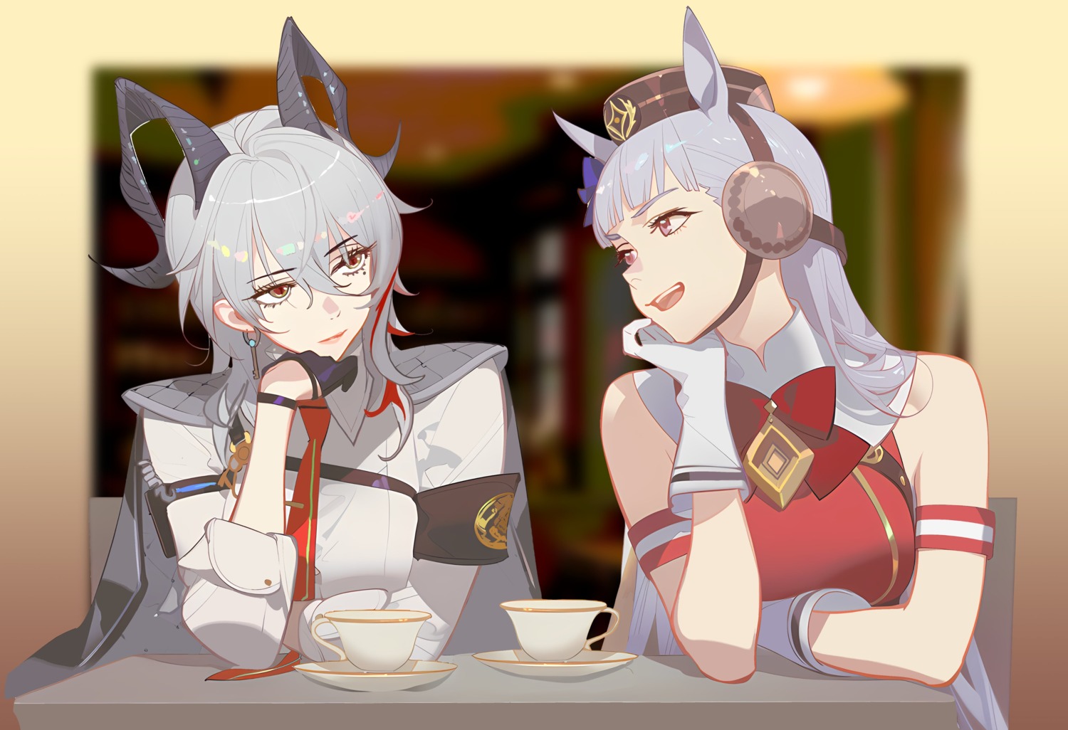 animal_ears, crossover, dress_shirt, gold_ship_(umamusume), horns, kisaragi_shokuin, uma_musume_pretty_derby, uniform, wuthering_waves, zani