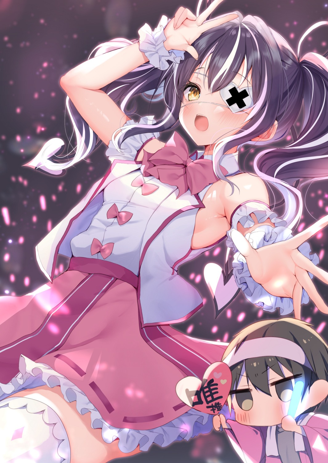 ayuma_sayu, chibi, eyepatch, kimizuka_kimihiko, saikawa_yui, skirt_lift, tantei_wa_mou_shindeiru., thighhighs