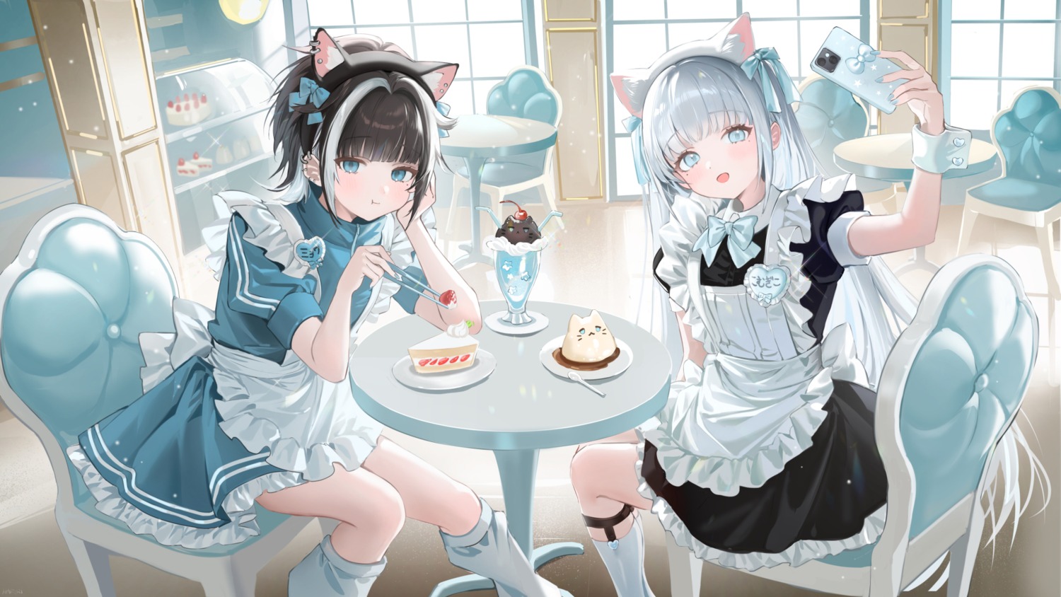animal_ears, detexted, haruri, maid, nekomimi, selfie, waitress