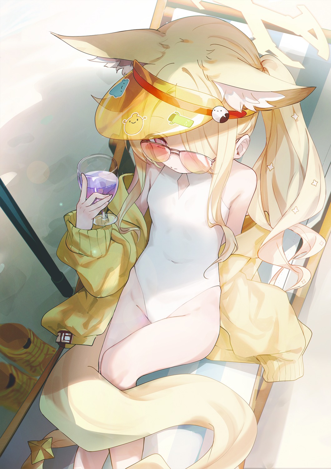 animal_ears, blue_archive, halo, kitsune, makihitsuji, megane, swimsuits, tail