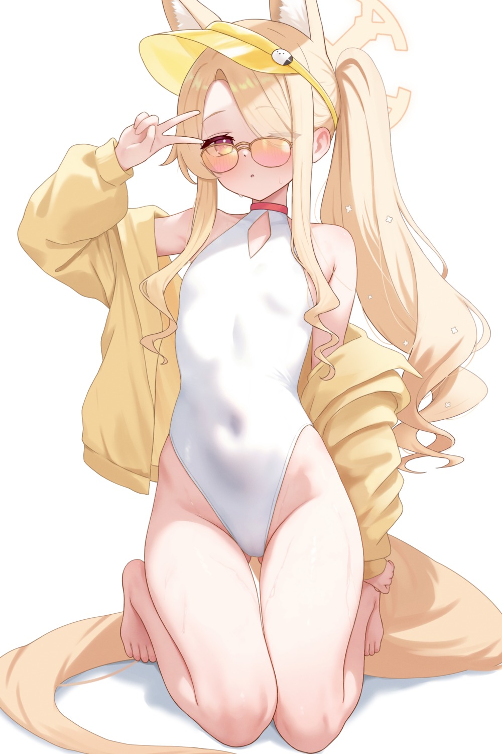 animal_ears, blue_archive, fanteam, halo, kitsune, megane, swimsuits, tail, wet, yurizono_seia