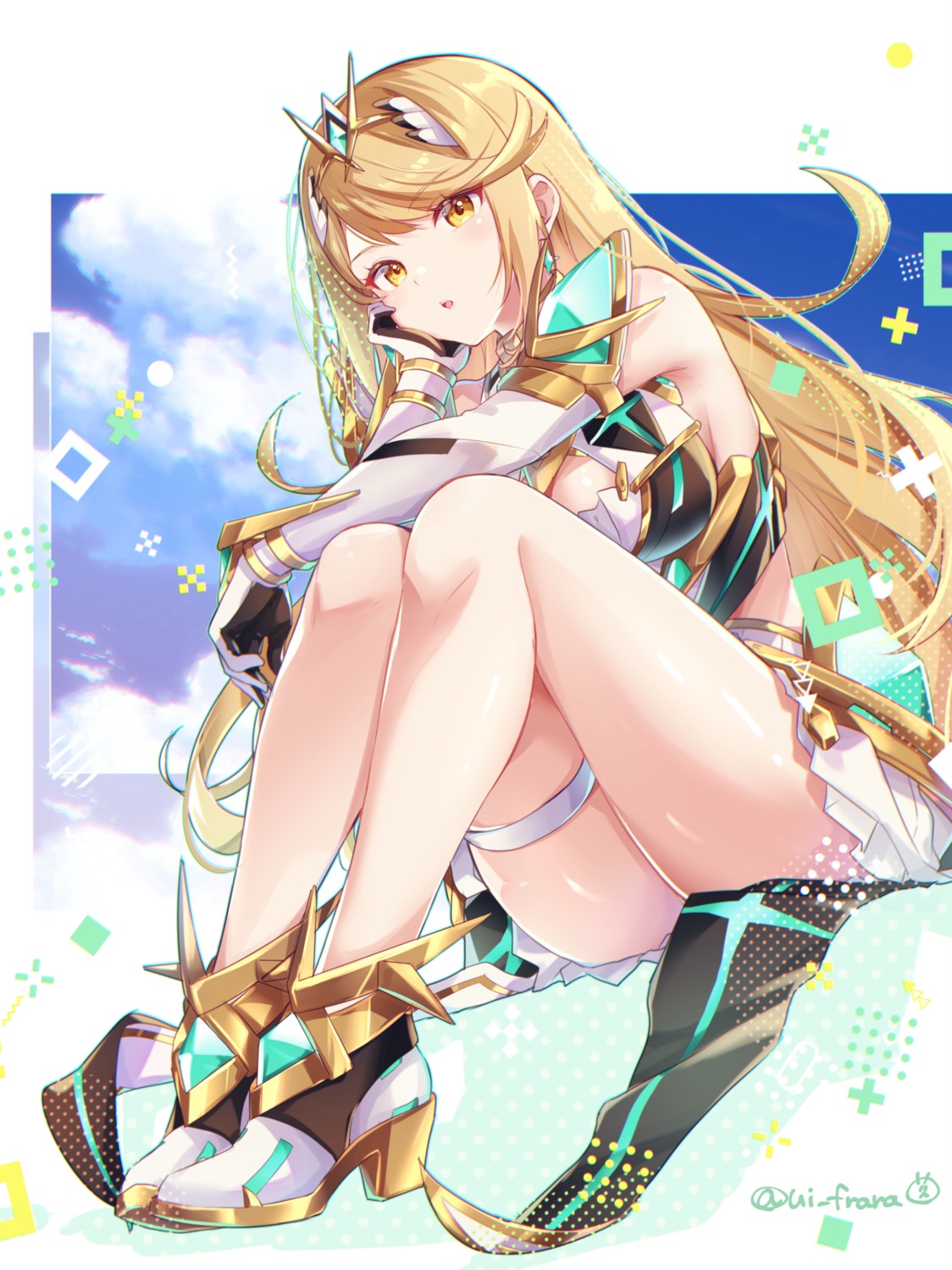 dress, garter, heels, hikari_(xenoblade_2), skirt_lift, ui_frara, xenoblade_(series), xenoblade_2