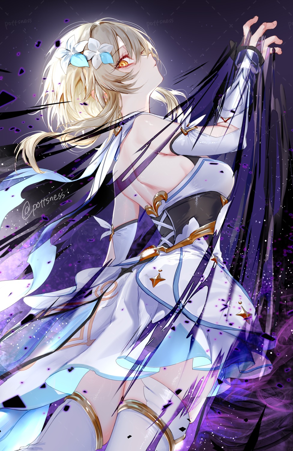 dress, genshin_impact, lumine, no_bra, pottsness, thighhighs, watermark