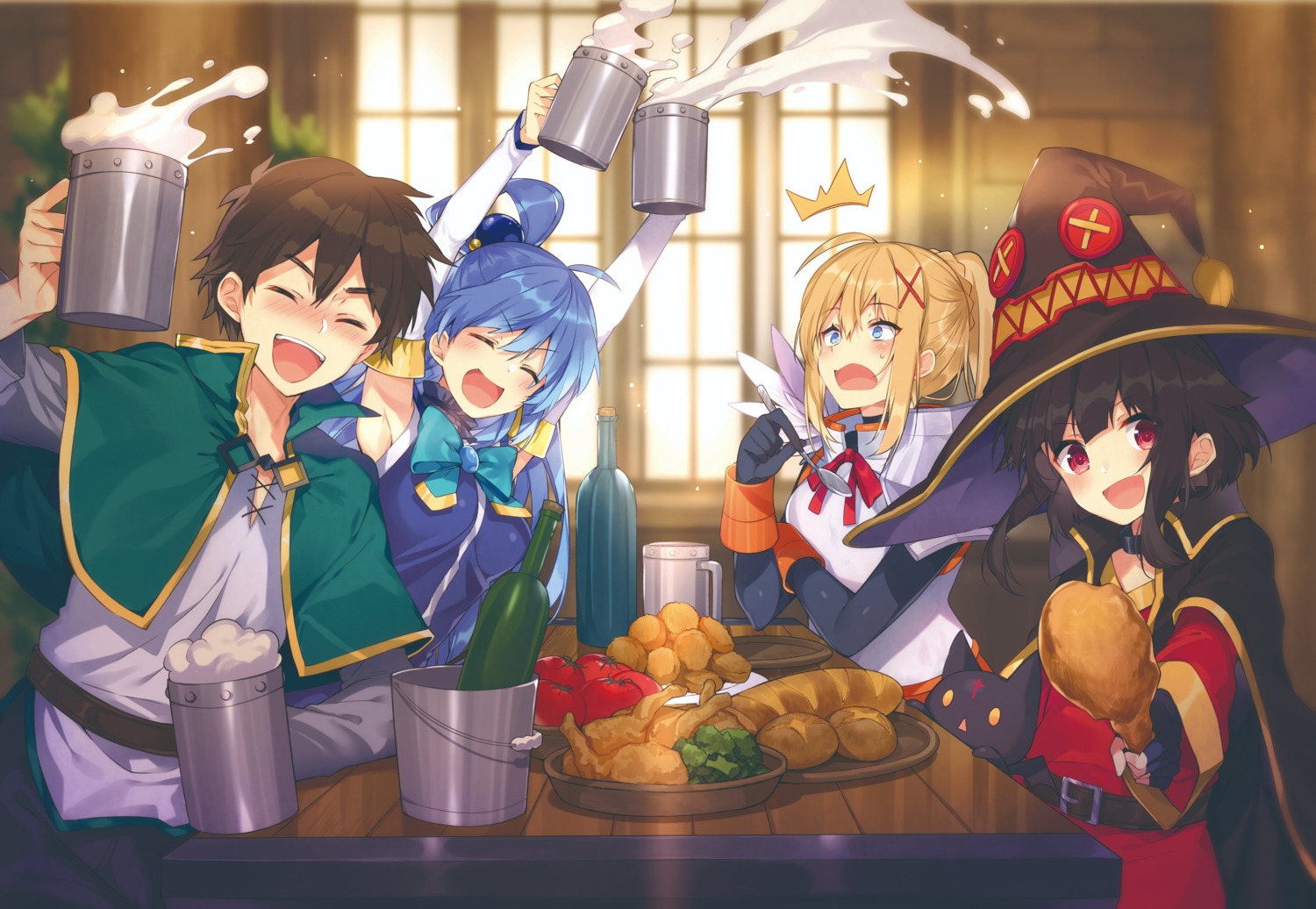aqua_(konosuba), armor, chomusuke, dress, dustiness_ford_raratina, kono_subarashii_sekai_ni_shukufuku_wo!, megumin, mishima_kurone