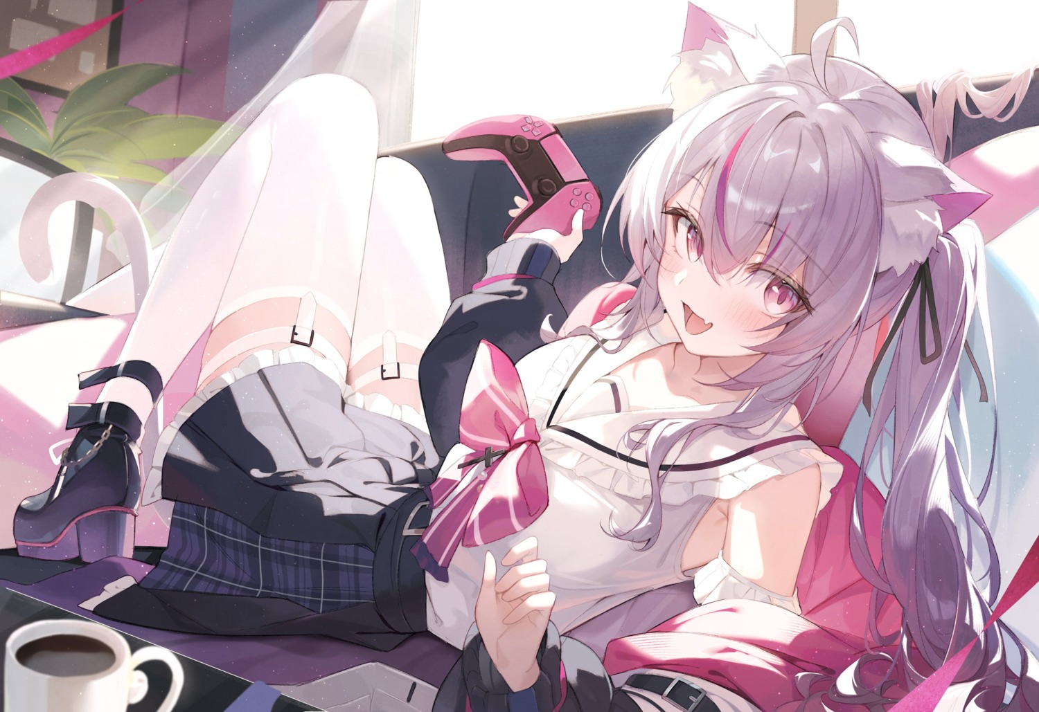 animal_ears, garter, heels, indie_virtual_youtuber, lumo_1121, nekomimi, nekoyama_mia, seifuku, stockings, tail, thighhighs