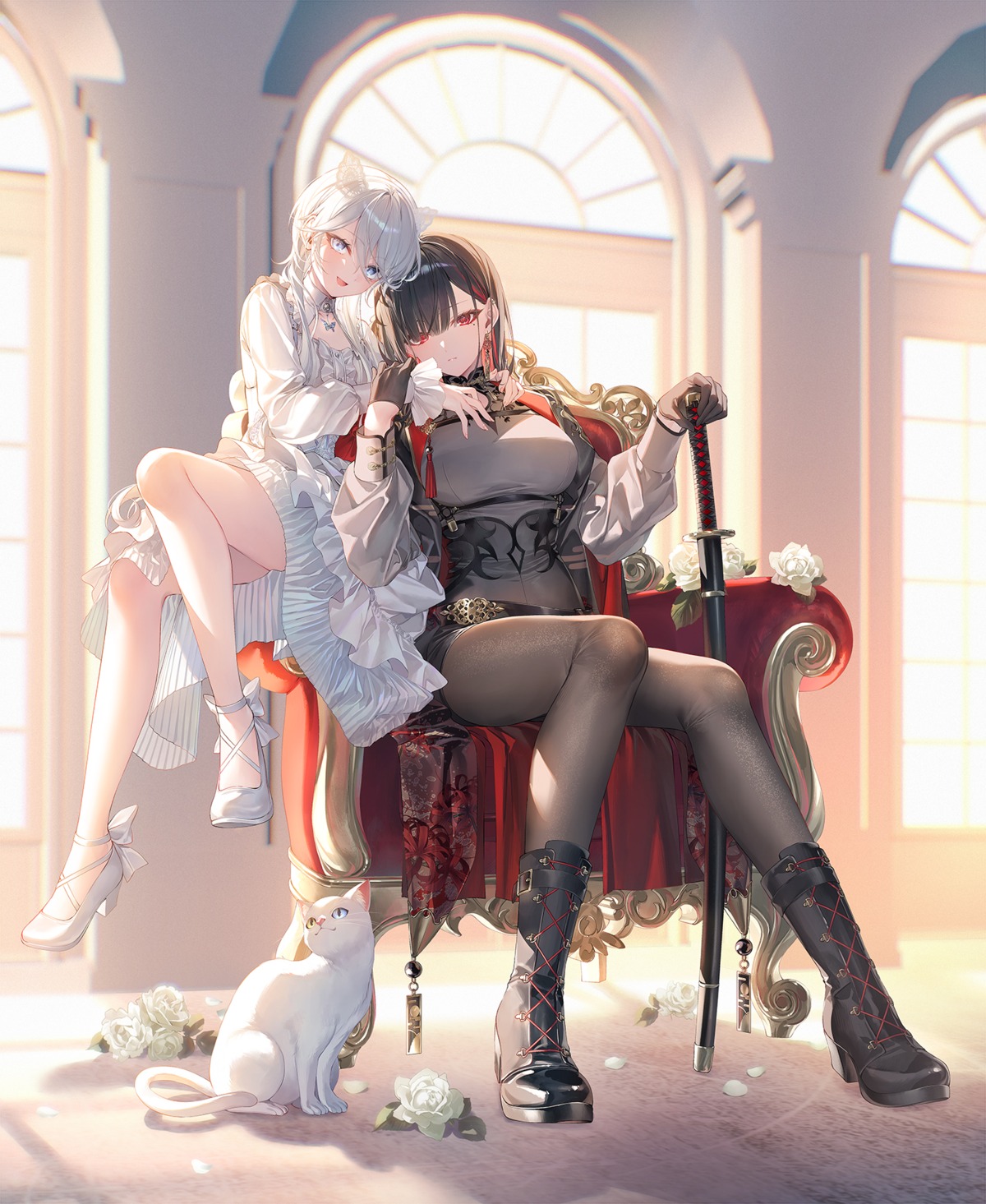 animal_ears, dress, fiona_cassandra, heels, howling_blaze, neko, nekomimi, pantyhose, skirt_lift, sword, toosaka_asagi, tsukimiya_kaoru