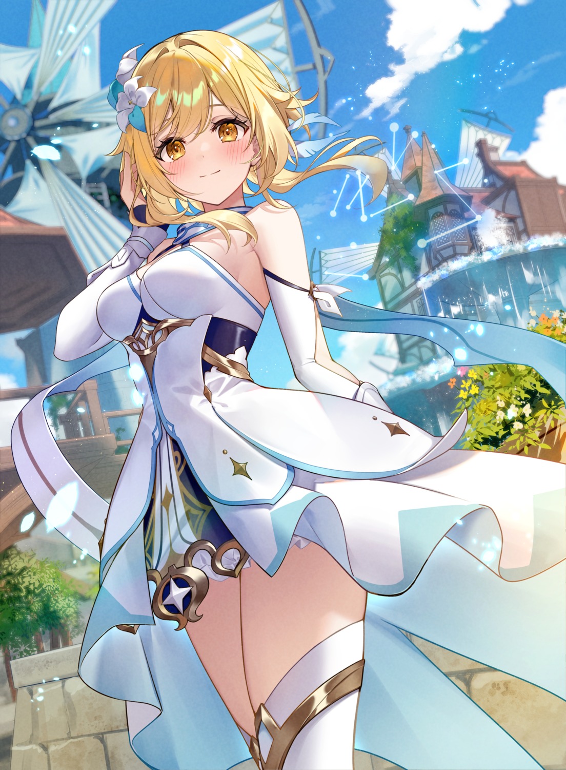 dress, genshin_impact, kisaragi_yuri, lumine, no_bra, thighhighs