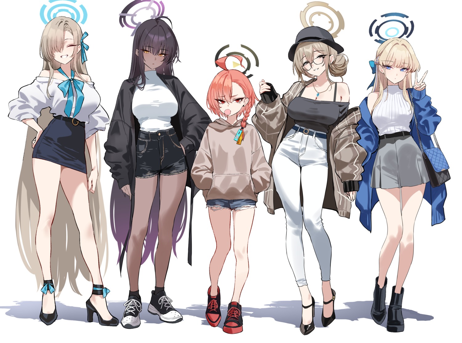 asuma_toki, blue_archive, halo, heels, ichinose_asuna, kakudate_karin, megane, mikamo_neru, murokasa_akane, no_bra, shigure, sweater, torn_clothes