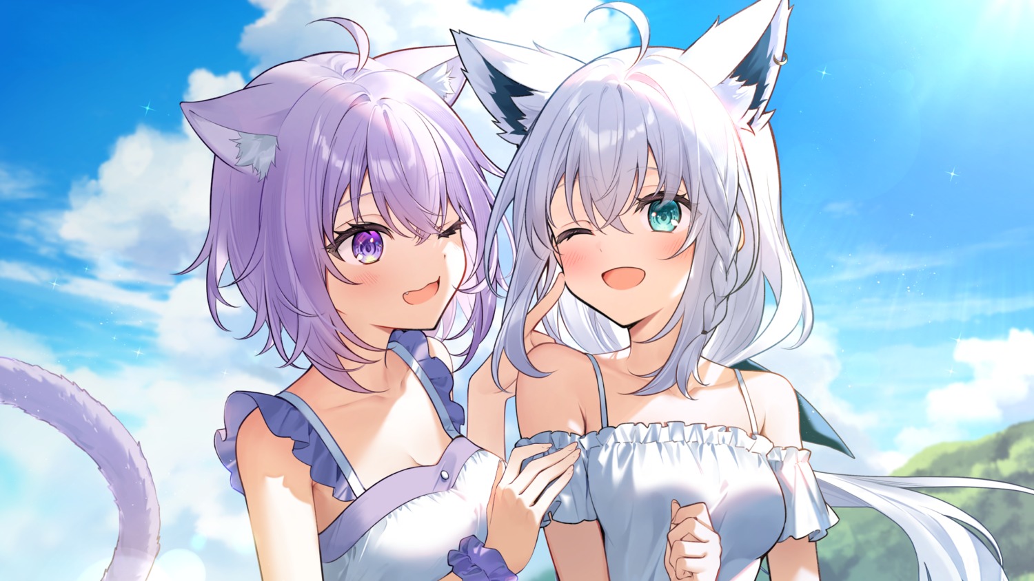 animal_ears, detexted, hololive, hololive_gamers, kisaragi_yuri, kitsune, nekomata_okayu, nekomimi, shirakami_fubuki, tail, wallpaper