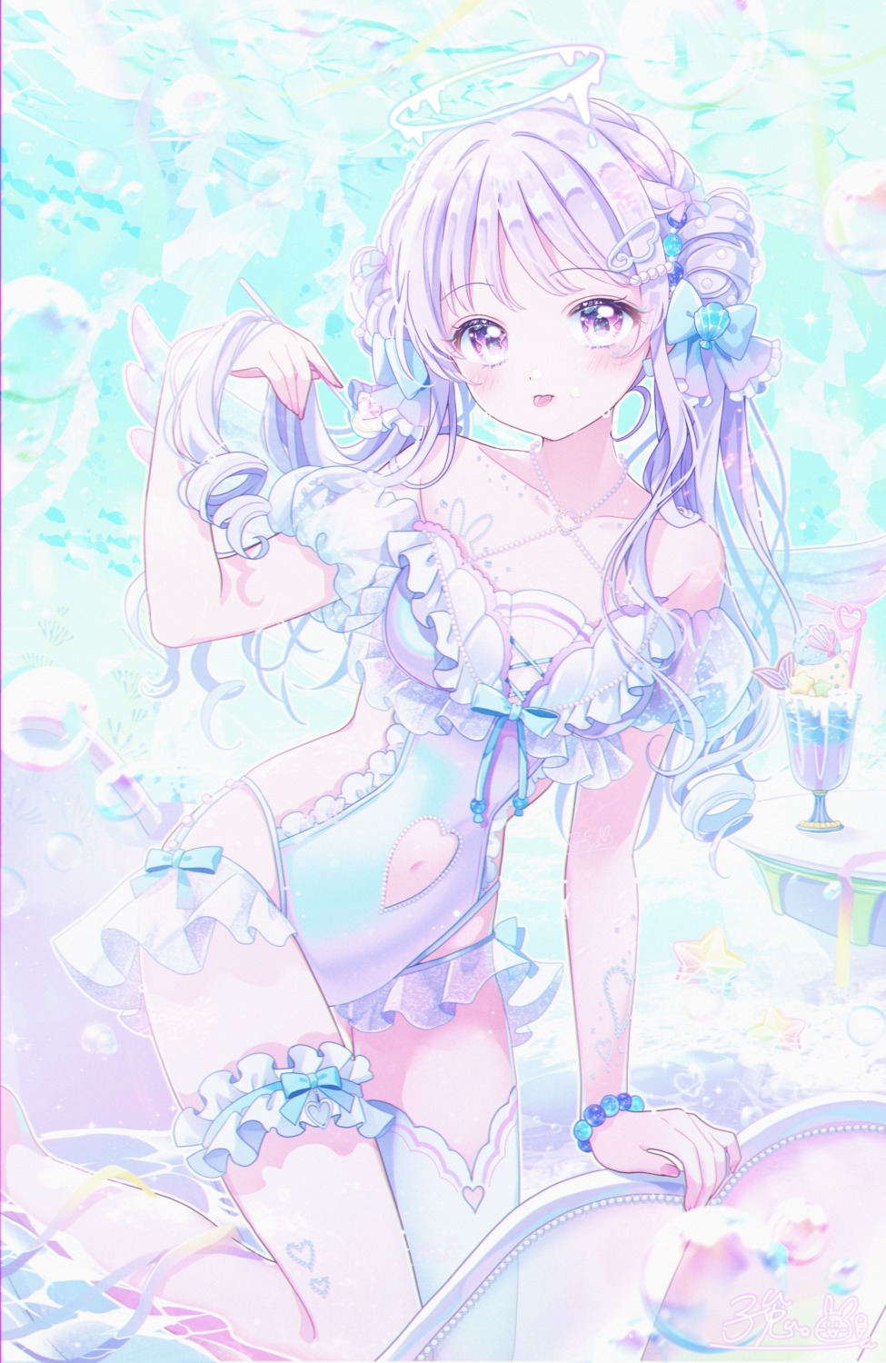 angel, garter, kousagi, see_through, swimsuits, thighhighs, wet, wings