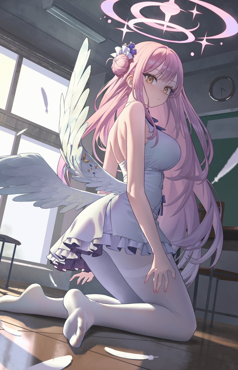 angel, blue_archive, dress, misono_mika, no_bra, pantyhose, wings, xzu