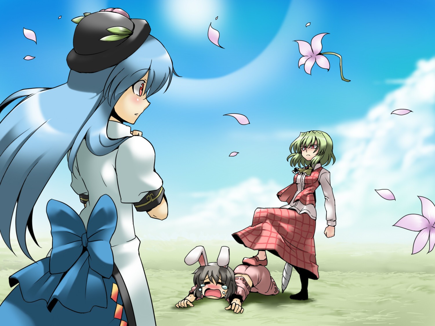 animal_ears, bunny_ears, hinanawi_tenshi, inaba_tewi, kazami_yuuka, touhou, tsuki_wani, wallpaper