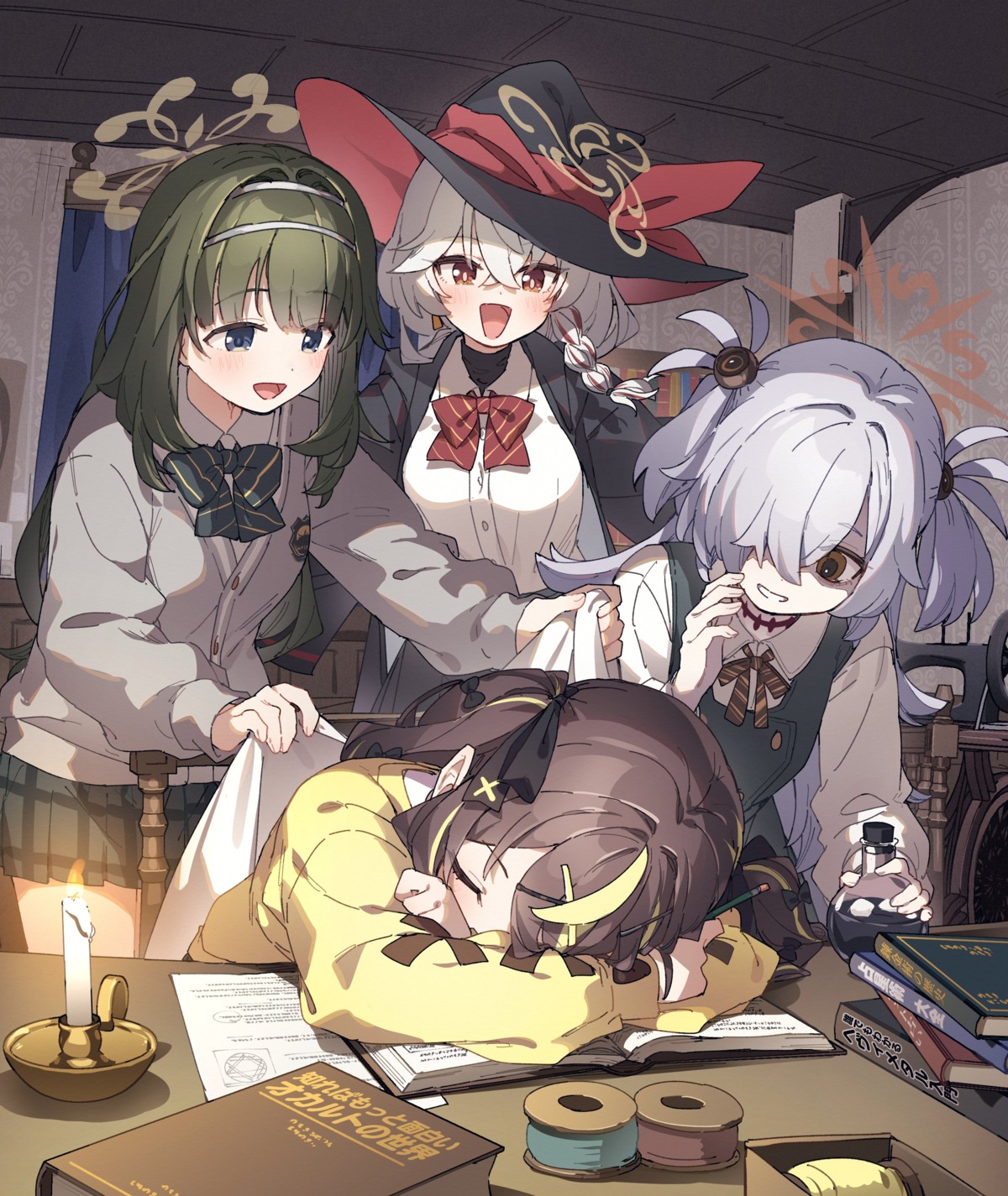blue_archive, halo, itagaki_kanoe, kinui_rena, kusaka_shi, seifuku, shiina_tsumugi_(blue_archive), shirao_eri, sweater, tattoo, witch