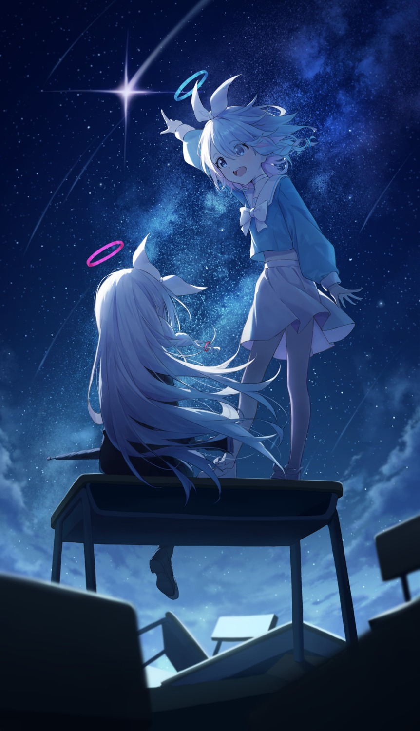 arona_(blue_archive), blue_archive, gun, halo, plana_(blue_archive), retsu_(retsu_3), seifuku, skirt_lift