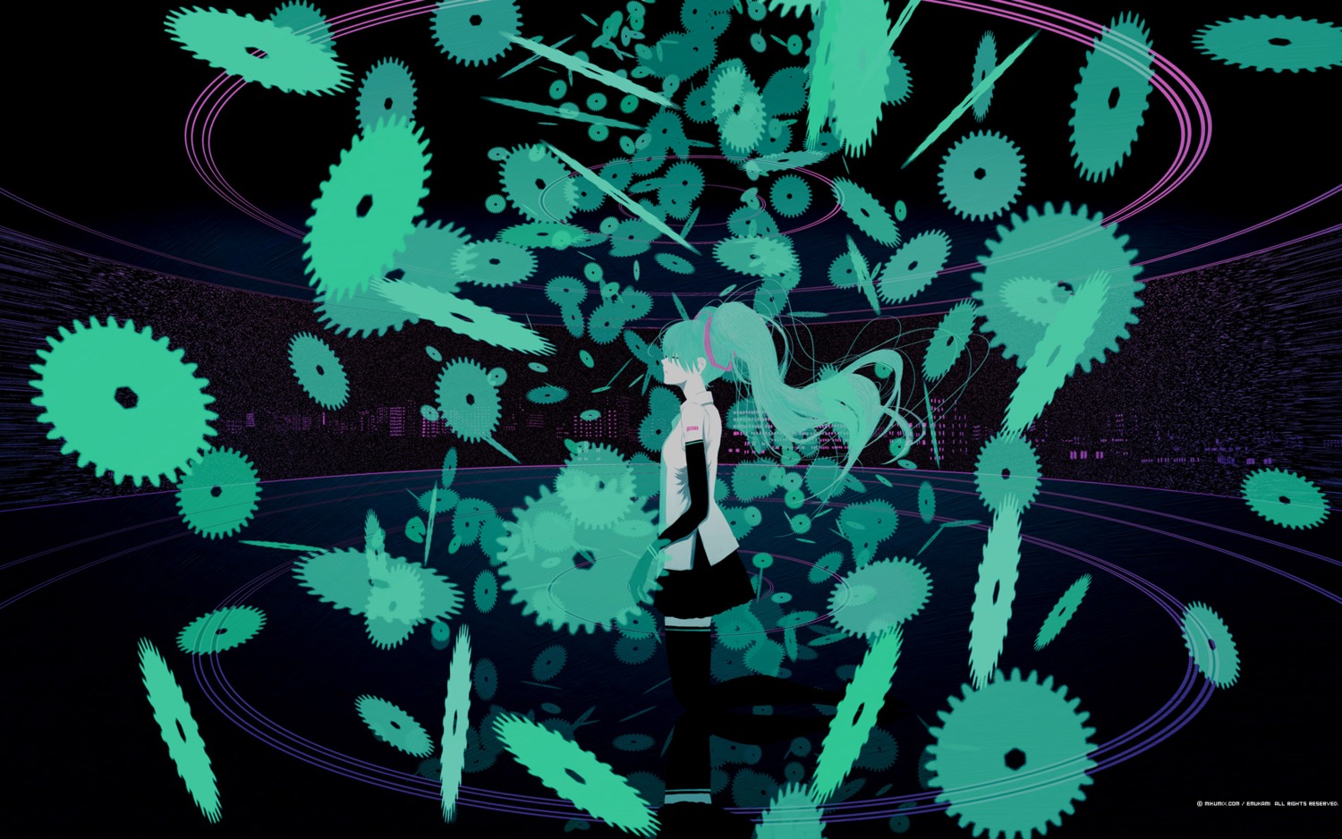 emukami, hatsune_miku, thighhighs, vocaloid, wallpaper