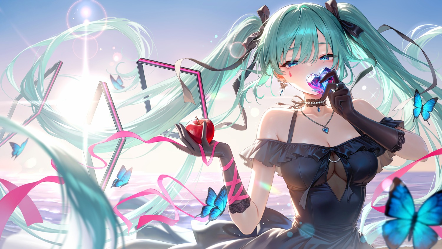 dress, hatsune_miku, meion, no_bra, see_through, tattoo, vocaloid, wallpaper