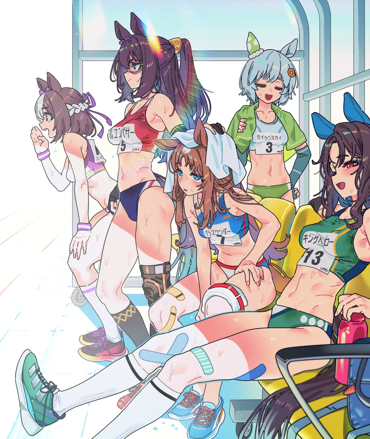 animal_ears, bandaid, el_condor_pasa_(umamusume), grass_wonder_(umamusume), gym_uniform, king_halo_(umamusume), sarcophage, seiun_sky_(umamusume)