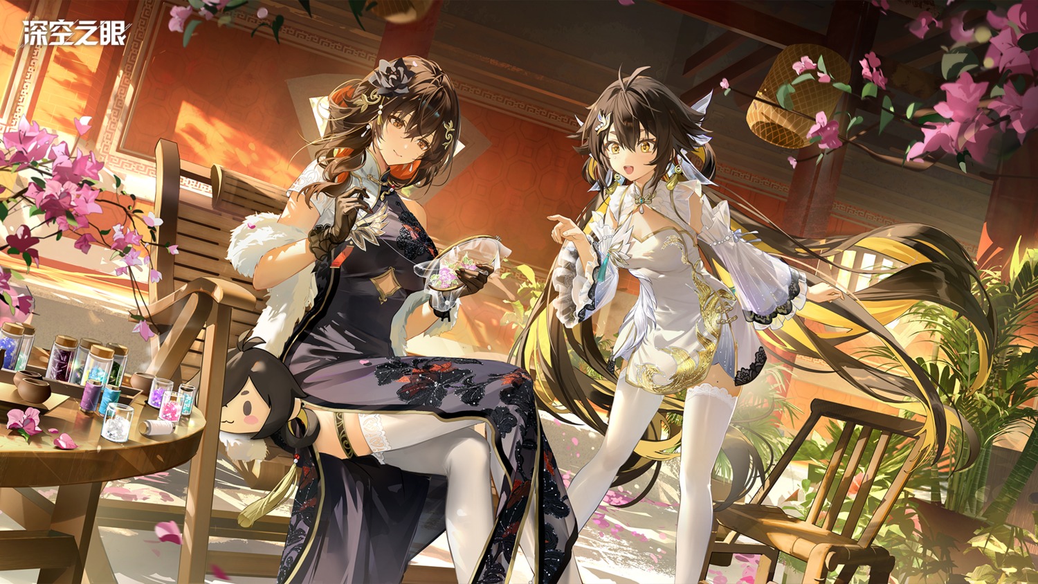 aether_gazer, asian_clothes, chinadress, garter, jinwu, lingguang_(aether_gazer), see_through, skirt_lift, tagme, thighhighs, wallpaper