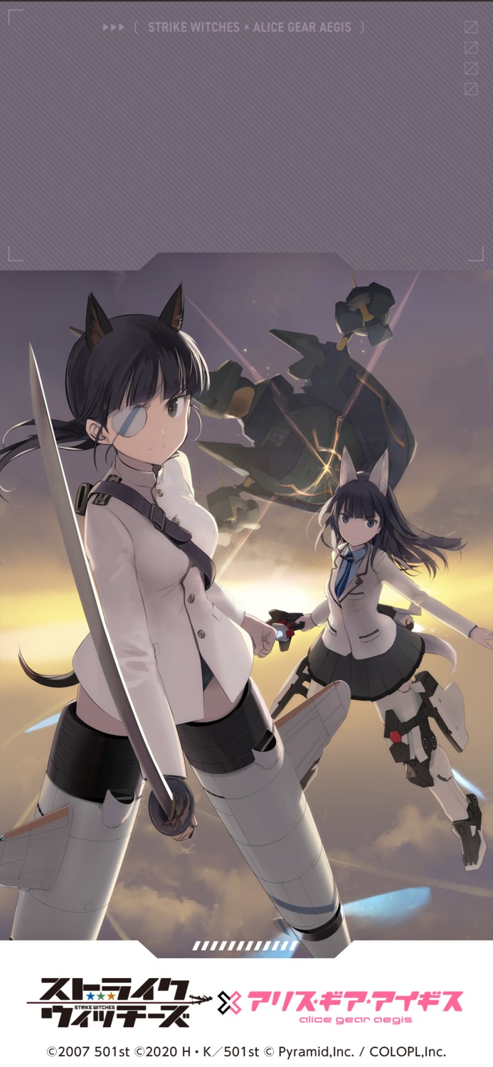agatsuma_kaede, alice_gear_aegis, animal_ears, crossover, eyepatch, garter, mecha_musume, sakamoto_mio