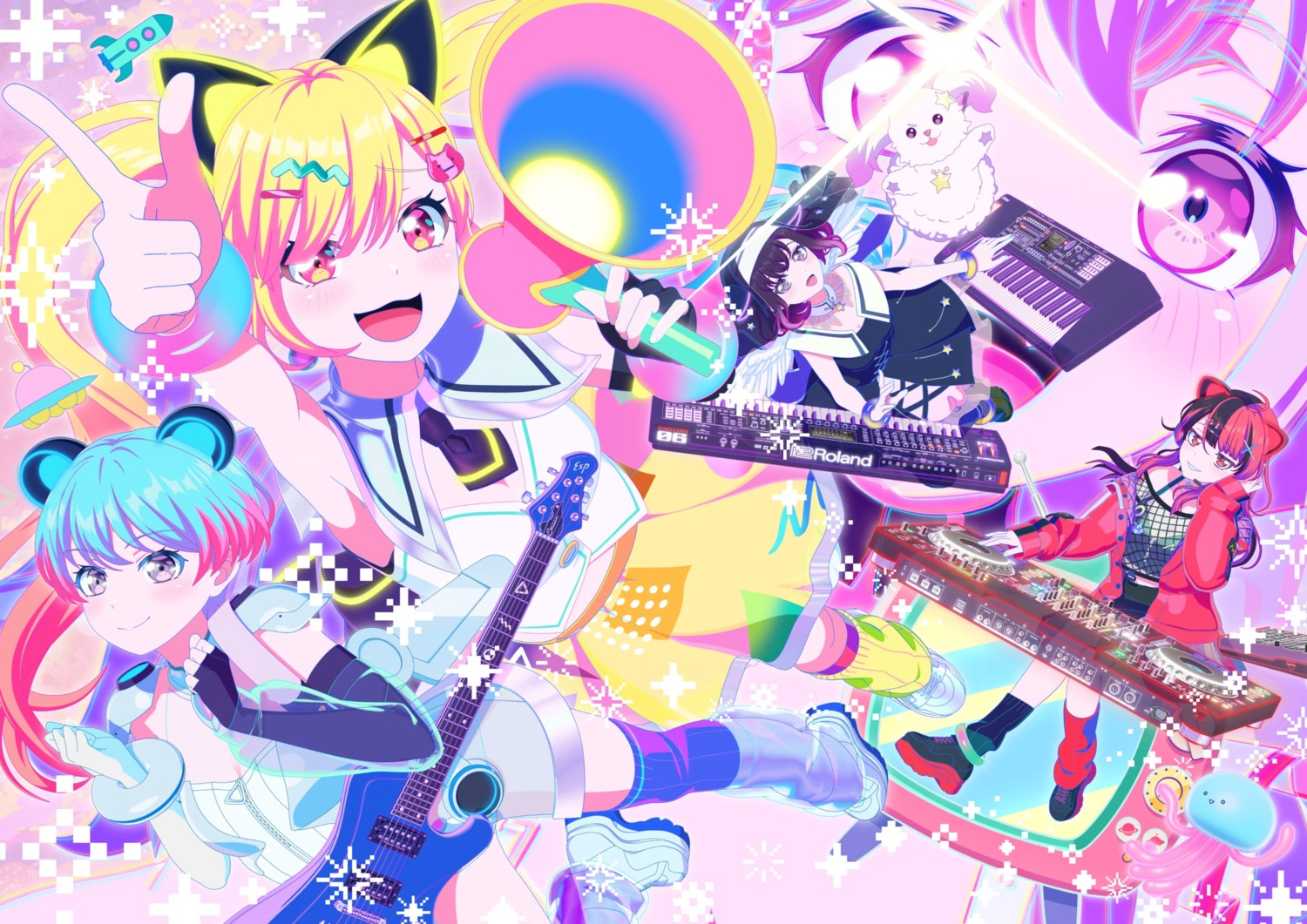 animal_ears, bang_dream!, bang_dream!_mugendai_mewtype, fishnets, fuji_miyako, guitar, headphones, minetsuki_ritsu