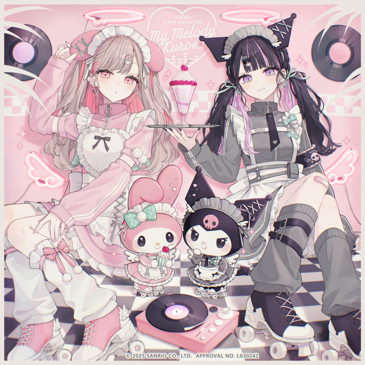 akakura, animal_ears, bandaid, bunny_ears, crossover, kuromi_(sanrio), maid, my_melody