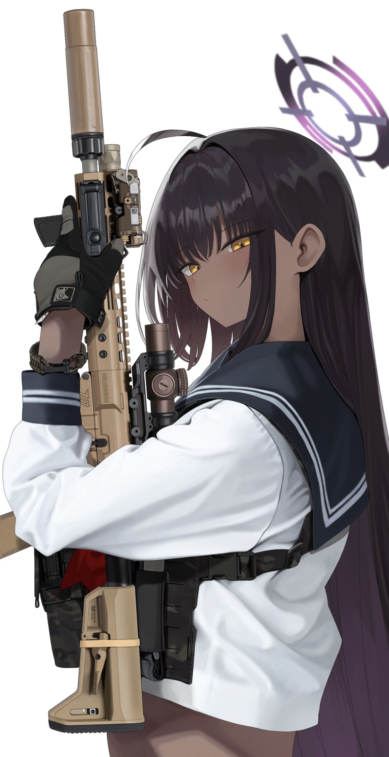 blue_archive, fte_(fifteen_199), gun, halo, kakudate_karin, seifuku