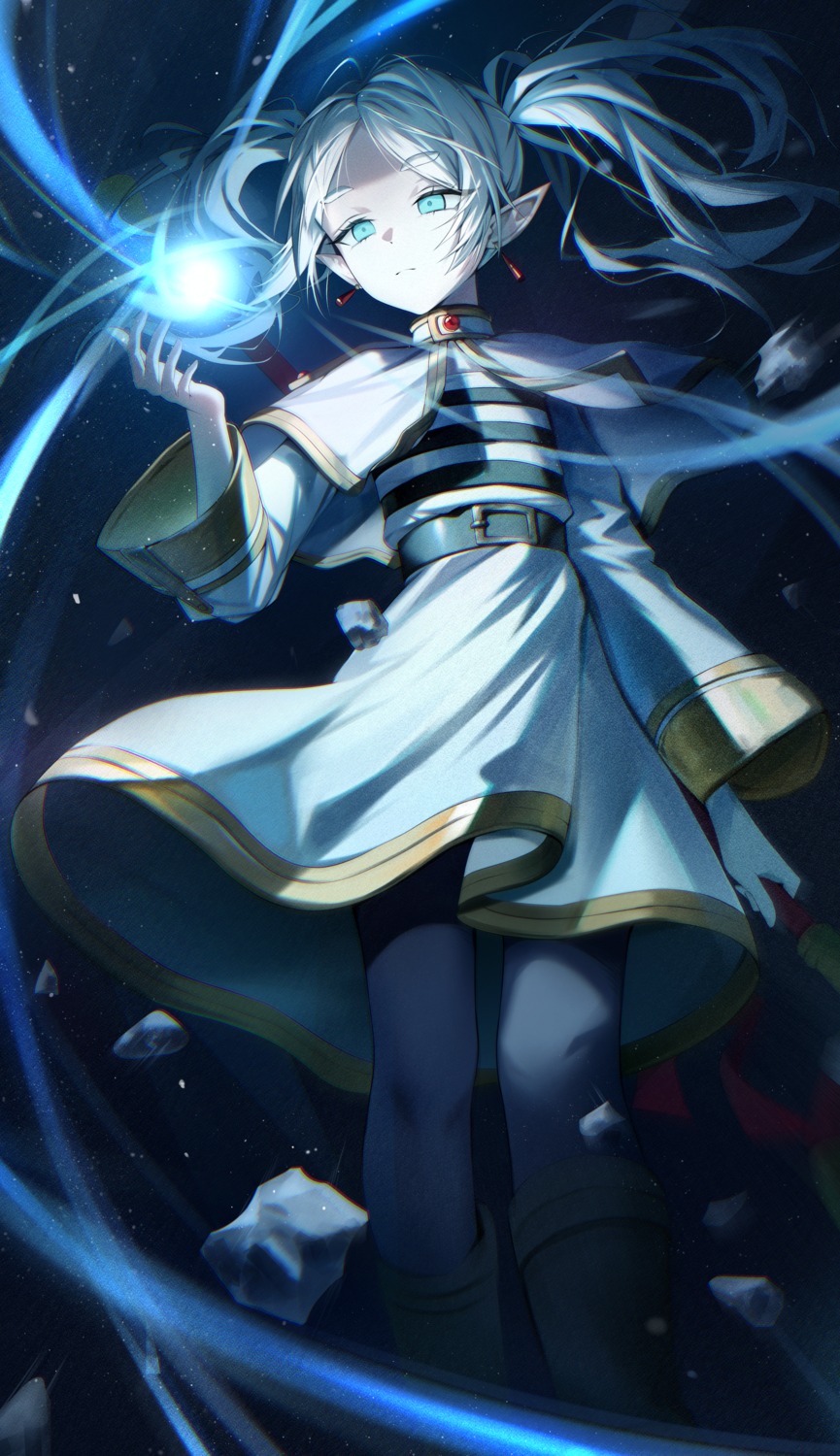 dress, elf, frieren, okkimon, pantyhose, pointy_ears, skirt_lift, sousou_no_frieren