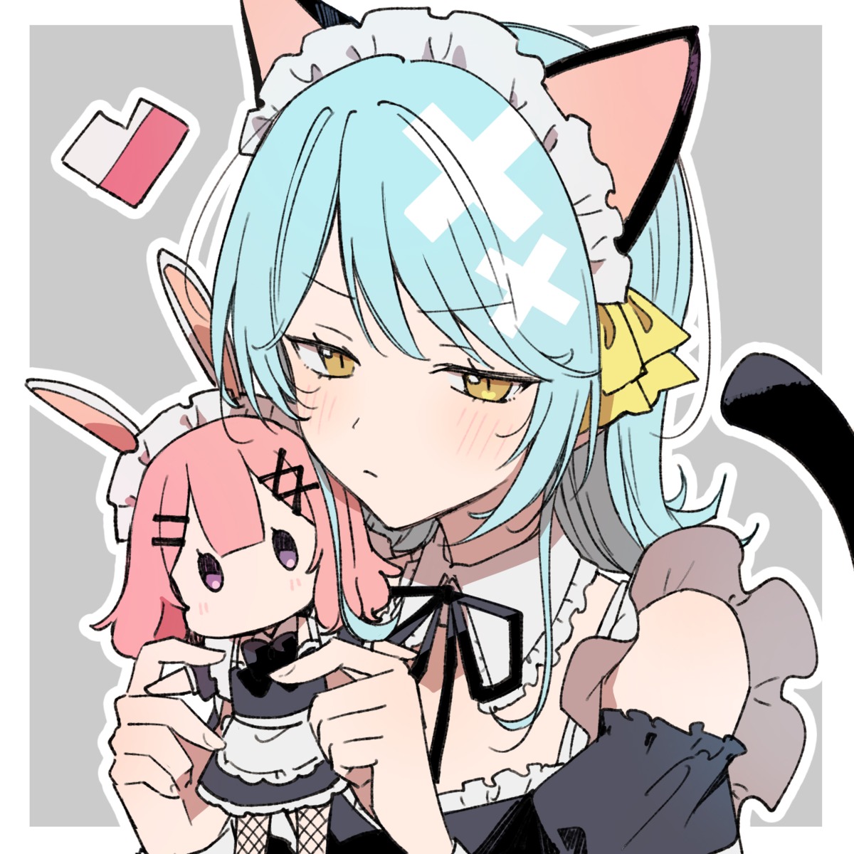 amaori_renako, animal_ears, bunny_ears, chibi, fishnets, koyanagi_kaho, maid, musshu