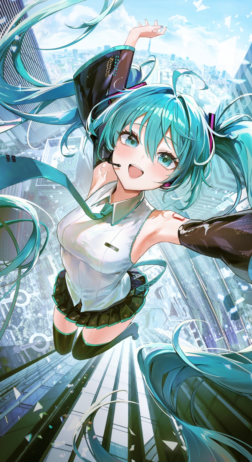 hatsune_miku, headphones, pibag, tattoo, thighhighs, vocaloid