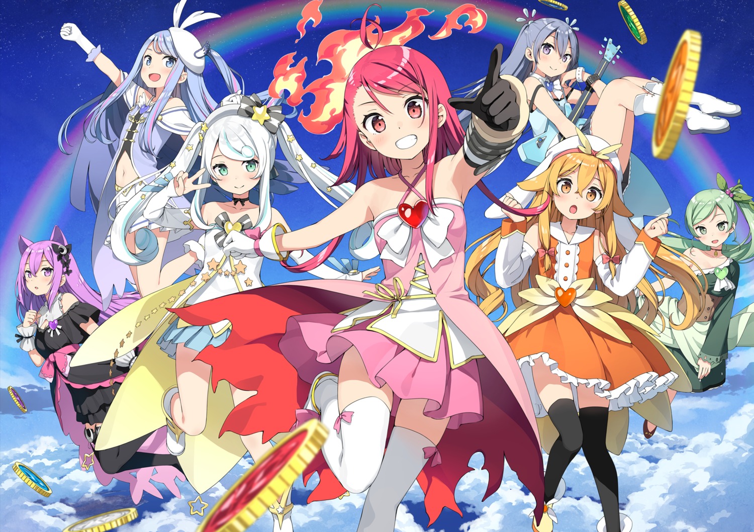 animal_ears, asagi_asuka, guitar, hiiragi_mako, kantoku, magical_suite_prism_nana, no_bra, oribe_kotone, skirt_lift, thighhighs, washioka_itaru