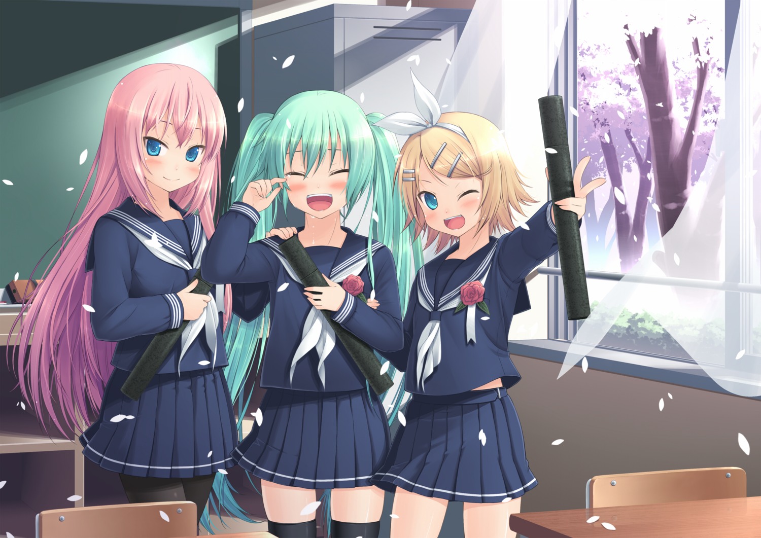 amamiya_minato, hatsune_miku, kagamine_rin, megurine_luka, seifuku, thighhighs, vocaloid