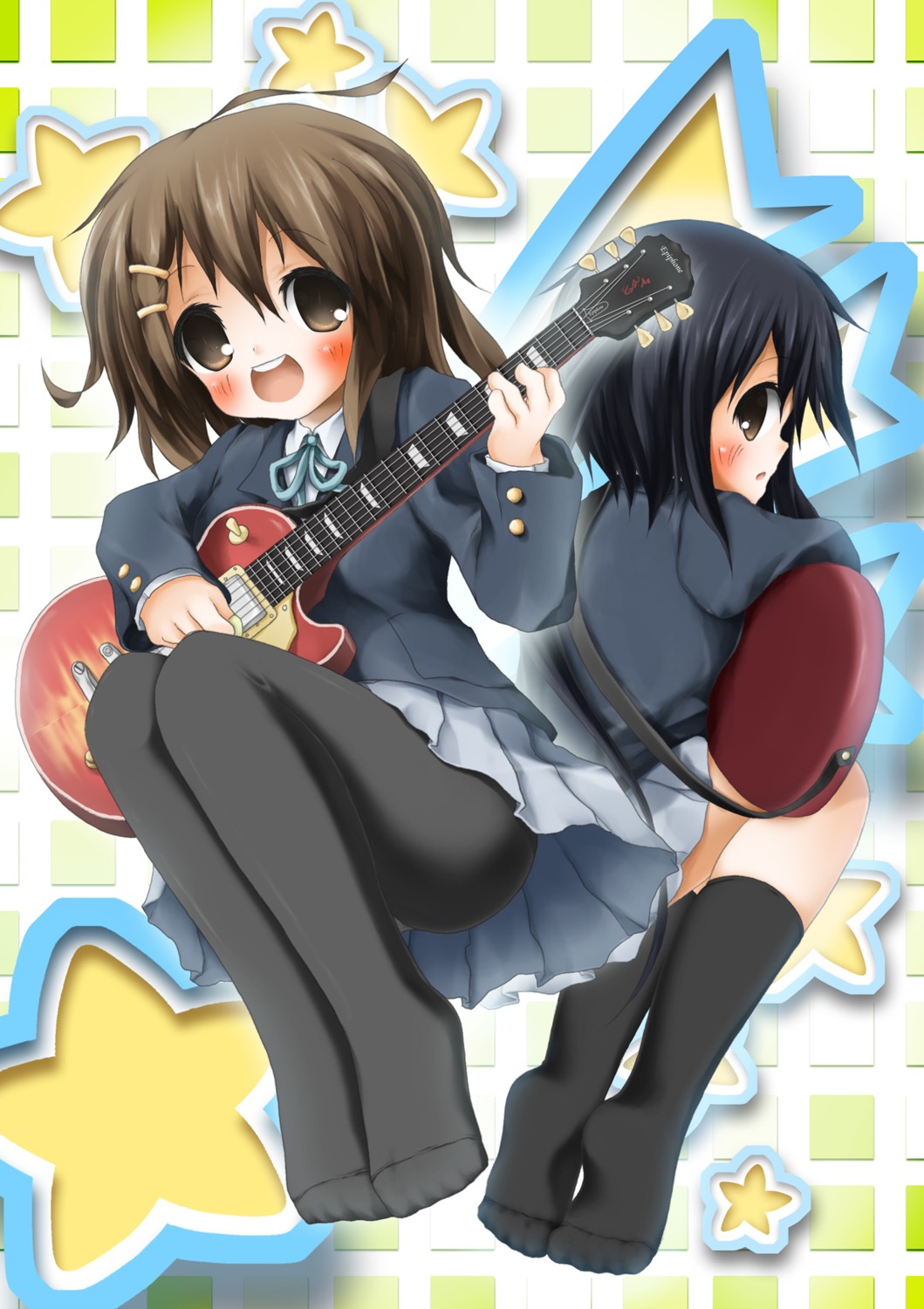 guitar, hirasawa_yui, k-on!, kyohei, nakano_azusa, pantyhose, seifuku