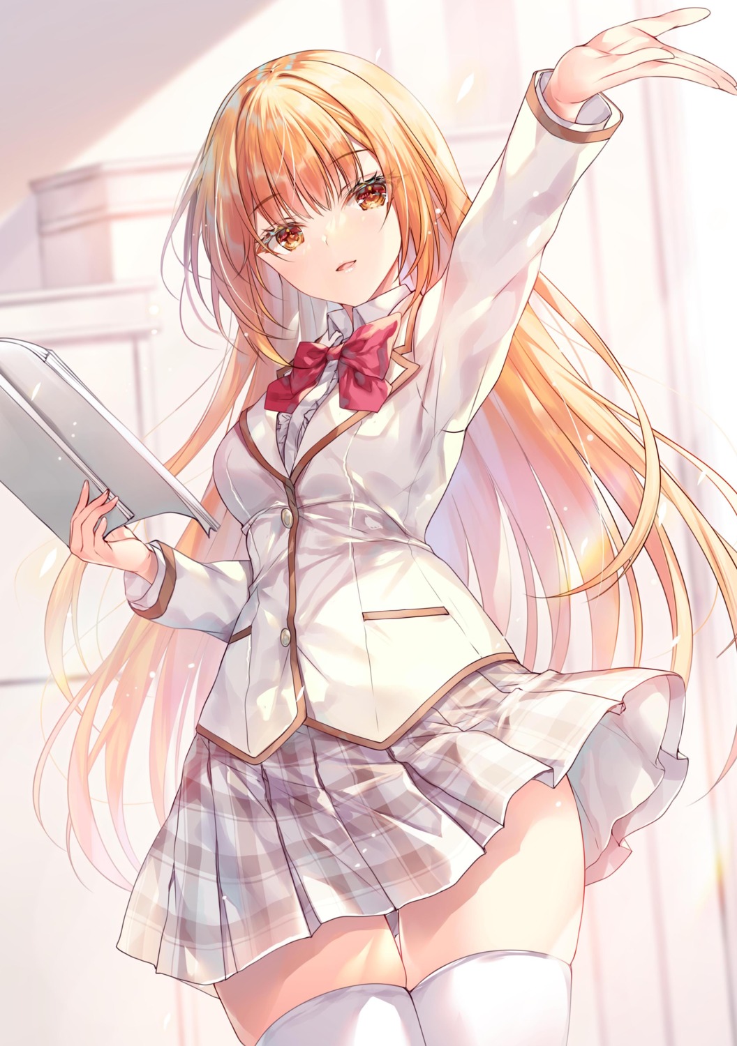 konohana_hinako, miwabe_sakura, saijo_no_osewa, seifuku, skirt_lift, thighhighs