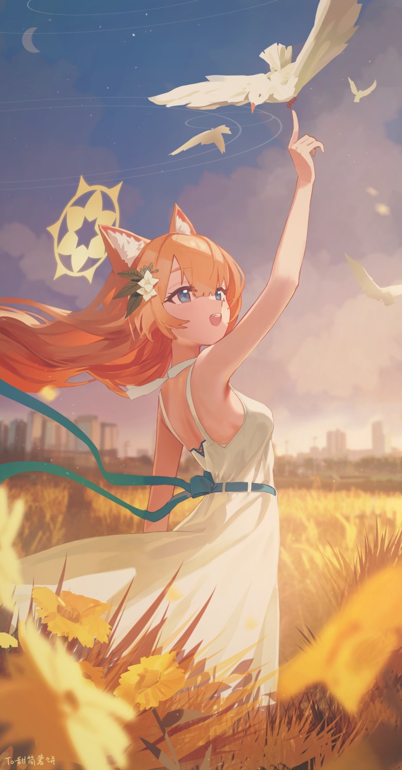 animal_ears, blue_archive, dress, halo, iochi_mari, nekomimi, rescat, skirt_lift