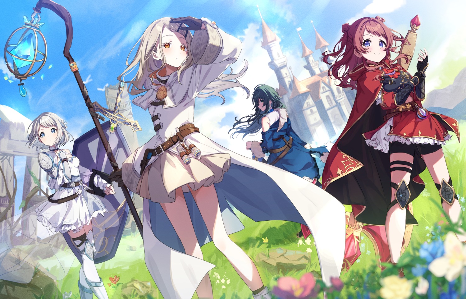 armor, bike_shorts, gakuen_idolm@ster, garter, hanami_saki, katsuragi_lilja, kirizuki_reika, shinosawa_hiro