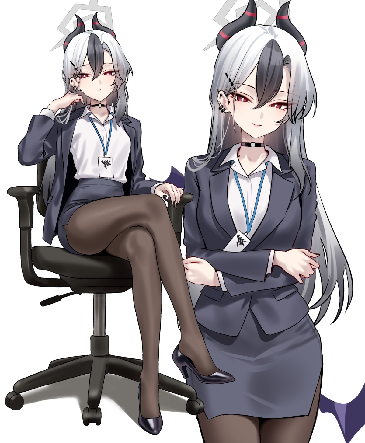 blue_archive, business_suit, devil, halo, horns, onikata_kayoko, pantyhose, shigure, wings