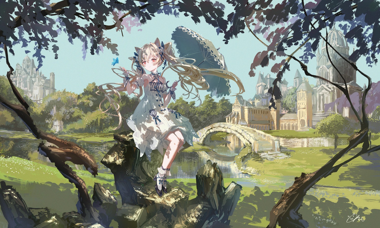 animal_ears, dress, heels, koyamanatsu, landscape, nekomimi, umbrella