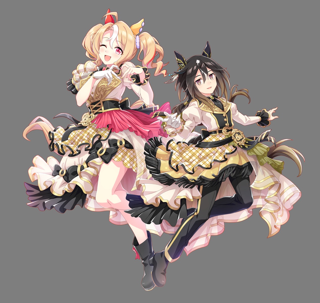 animal_ears, cropped, fusaichi_pandora_(umamusume), skirt_lift, stay_gold_(umamusume), tagme, tail, transparent_png, uma_musume_pretty_derby, uniform