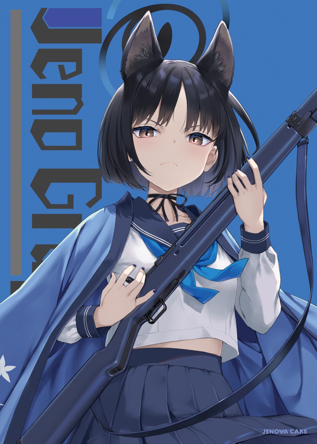 animal_ears, blue_archive, gun, halo, japanese_clothes, jenova_cake, kiryuu_kikyou, nekomimi