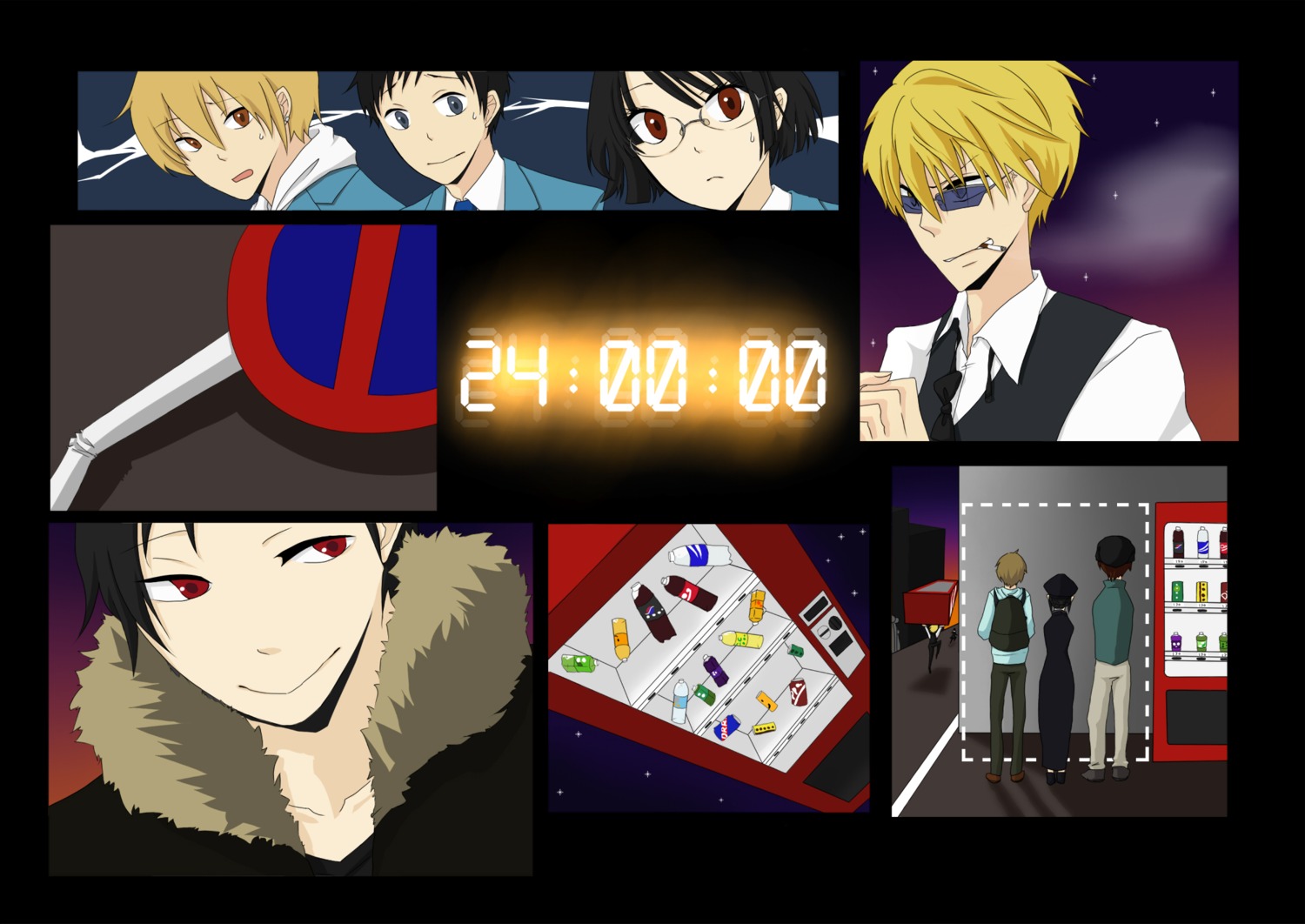 24, crossover, durarara!!, heiwajima_shizuo, kadota_kyouhei, karisawa_erika, kida_masaomi, megane, orihara_izaya, ryuugamine_mikado, seifuku, sonohara_anri, yumasaki_walker