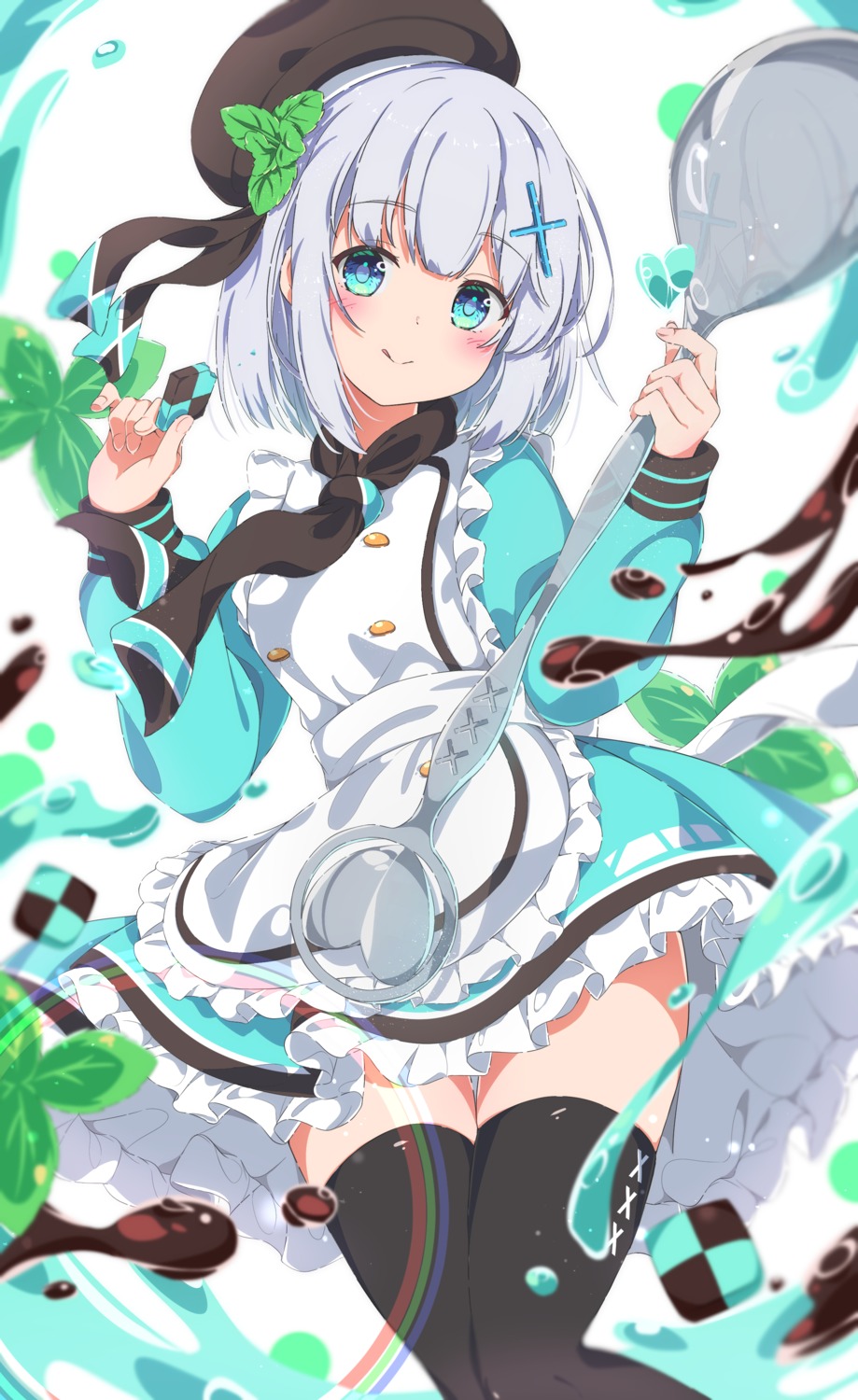 fleina_note, skirt_lift, thighhighs, waitress
