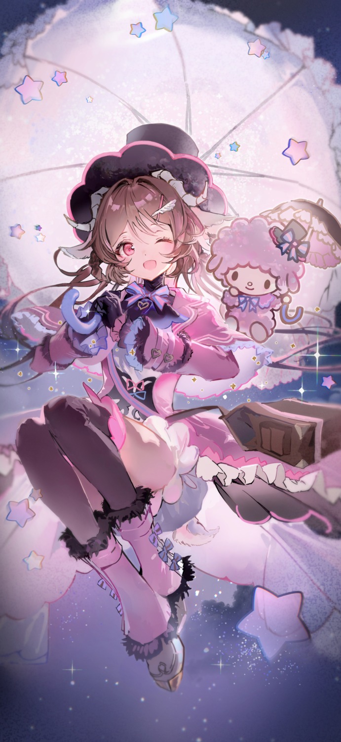 animal_ears, anmi, arknights, crossover, eyjafjalla_(arknights), horns, my_sweet_piano, sanrio, tail, thighhighs, umbrella