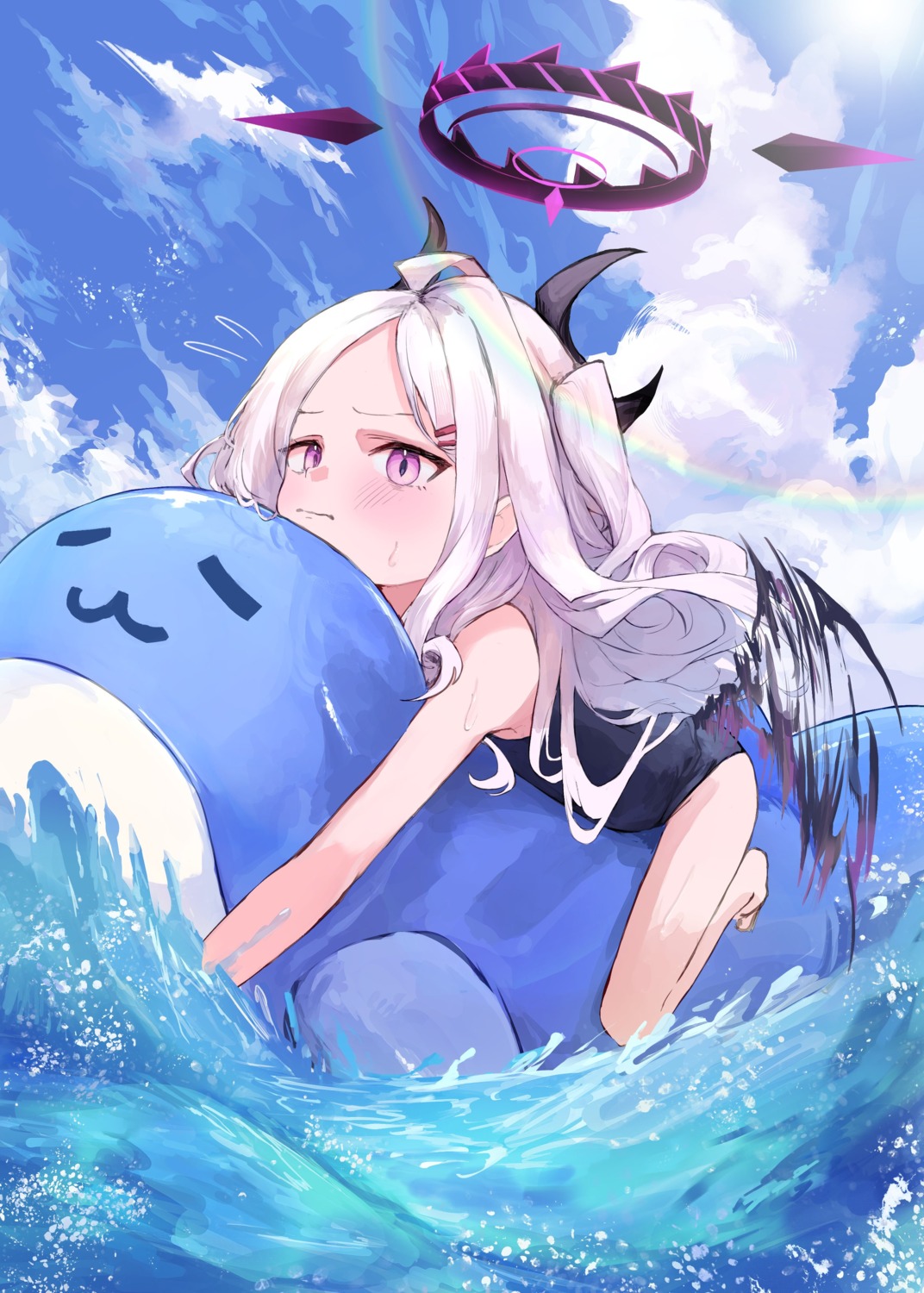 blue_archive, devil, halo, horns, school_swimsuit, shimeji_take, sorasaki_hina, swimsuits, wet, wings