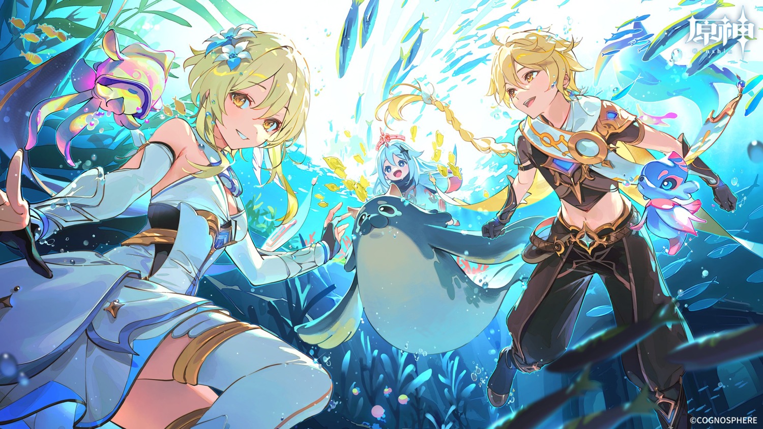 aether, genshin_impact, lumine, paimon, tagme, thighhighs, wallpaper, wet