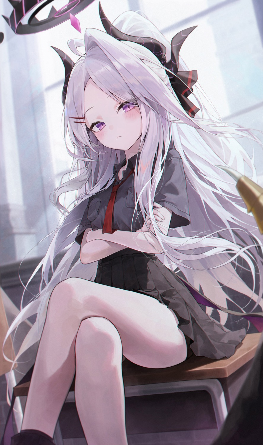 blue_archive, devil, halo, horns, meoyo, seifuku, skirt_lift, sorasaki_hina