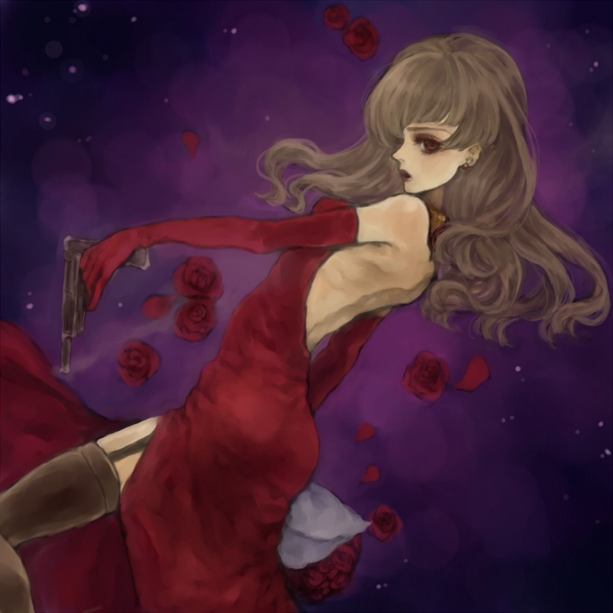 dress, gun, no_bra, sound_horizon, stardust, stockings, thighhighs, yukishiro