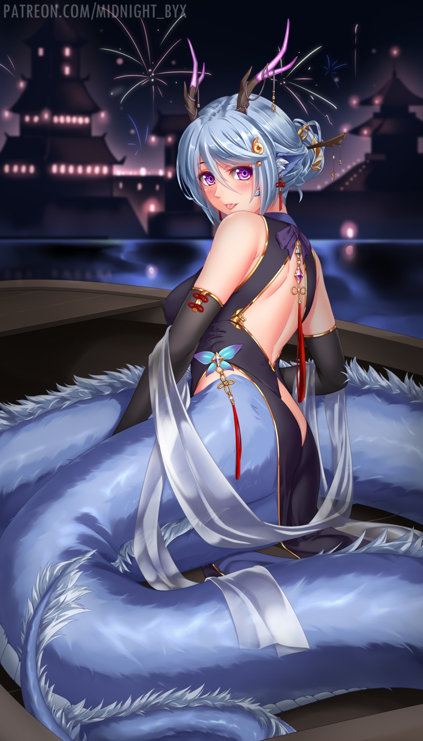 animal_ears, chinadress, horns, midnight, monster_girl, no_bra, tail
