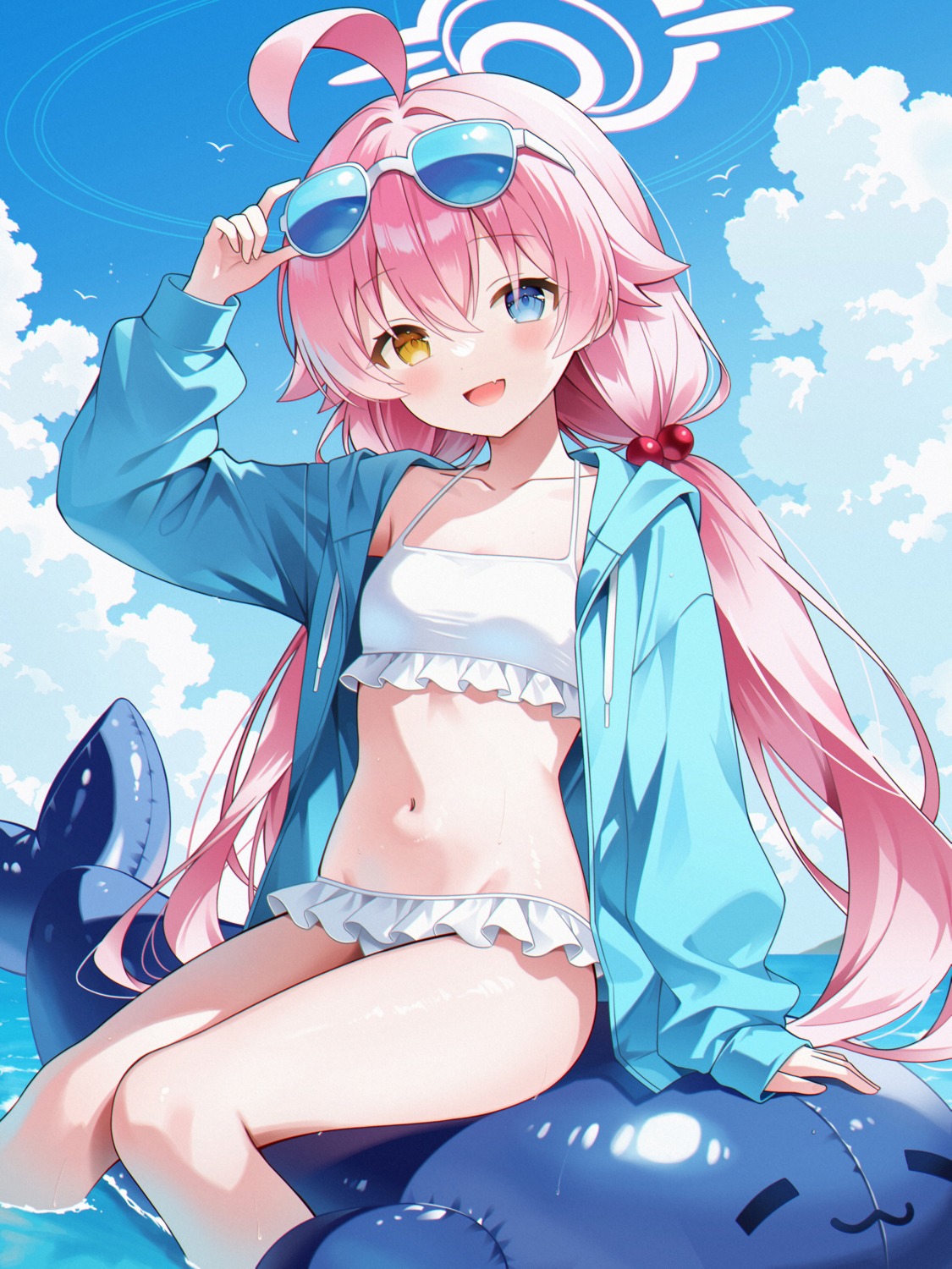 bikini, blue_archive, halo, heterochromia, megane, open_shirt, rim_(rimmon2438), swimsuits