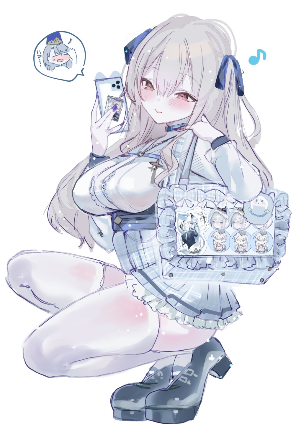 1-gou_(111touban), chibi, heels, kuon_(shadowverse), selfie, shadowverse, sketch, skirt_lift, thighhighs